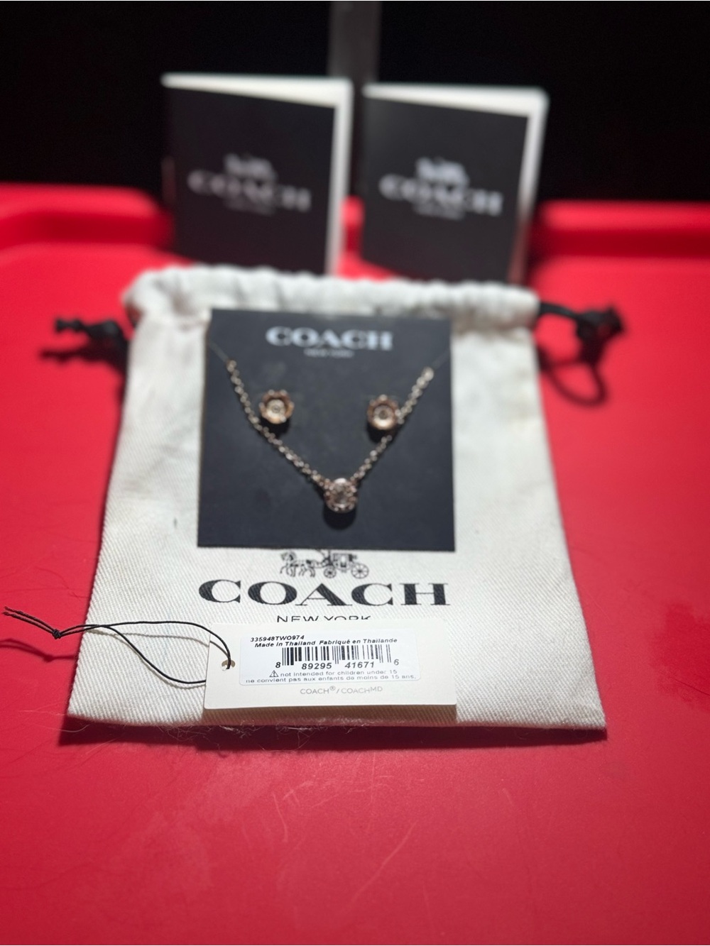 Coach Rose Gold-Tone Crystal Pendant Necklace & Stud Earrings Set